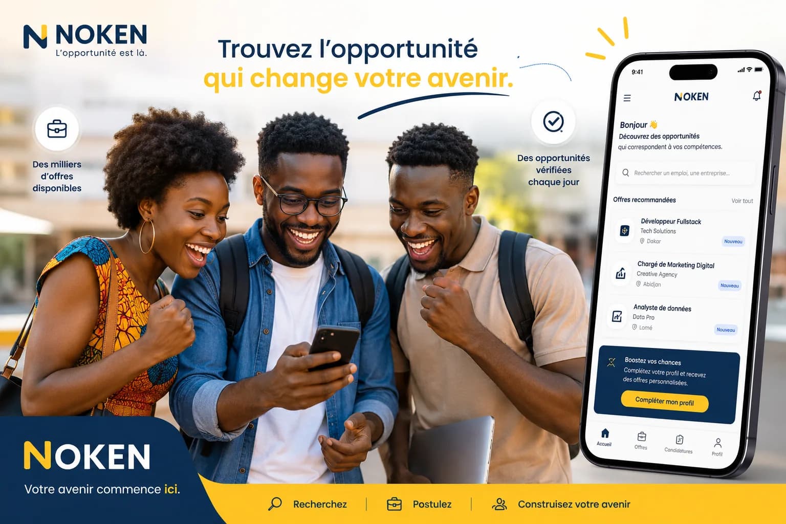 Trois jeunes consultent ensemble des offres sur Noken — l'opportunité est là.