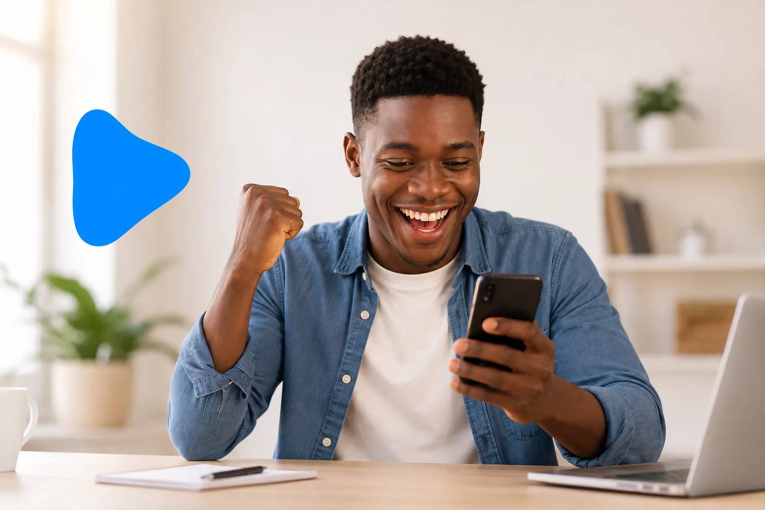 Un jeune homme consulte des opportunités sur son téléphone, à son bureau